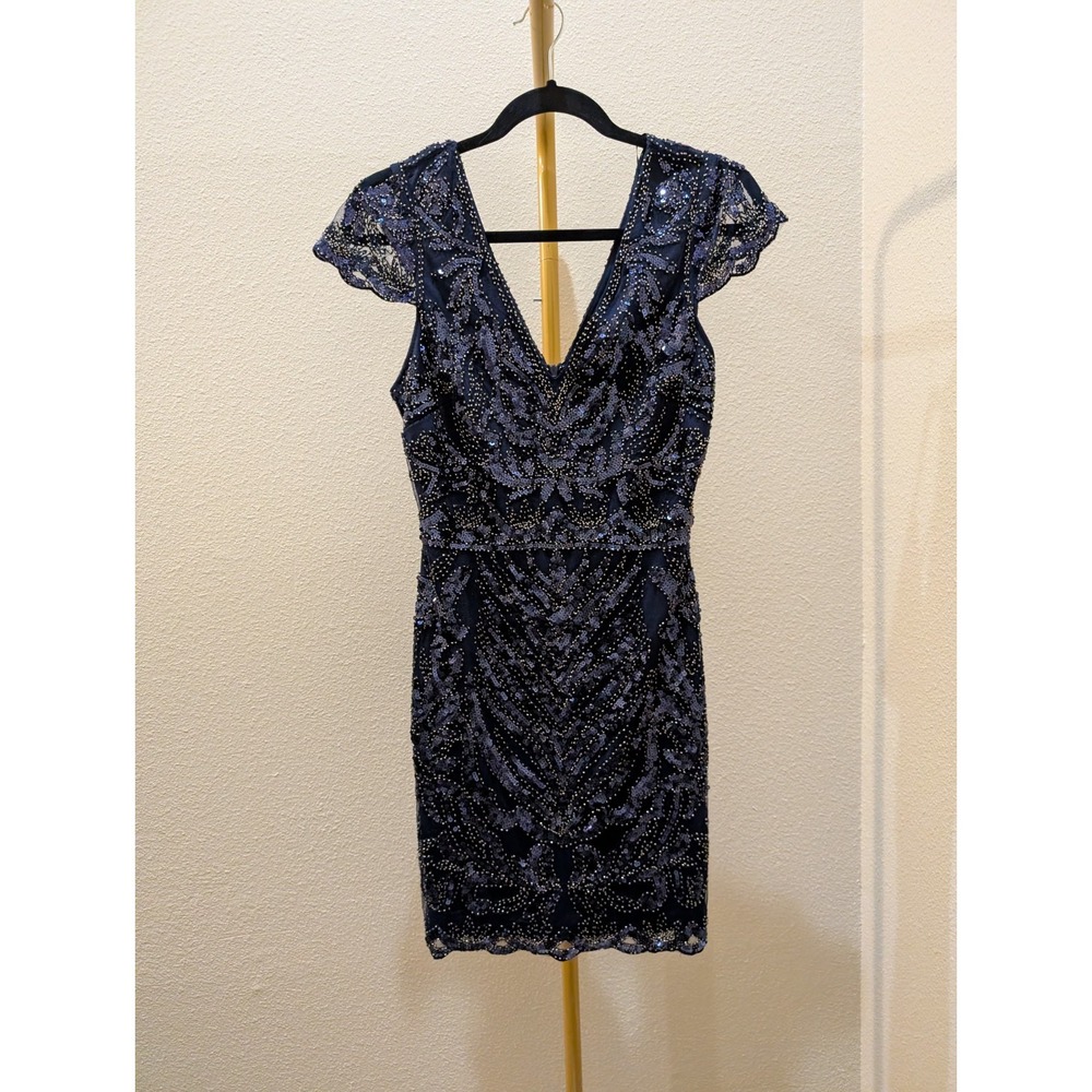 Midnight Blue Beaded Sequin V-Neck Cocktail Dress M Flapper Gatsby 1920s Glam